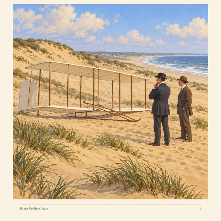 Interpretive book illustration of the Wright brothers with a glider on sandy coastal ground.