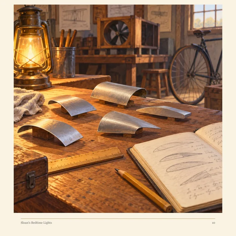 Interpretive illustration of wing models, a notebook and a lantern on an empty wooden workshop table.