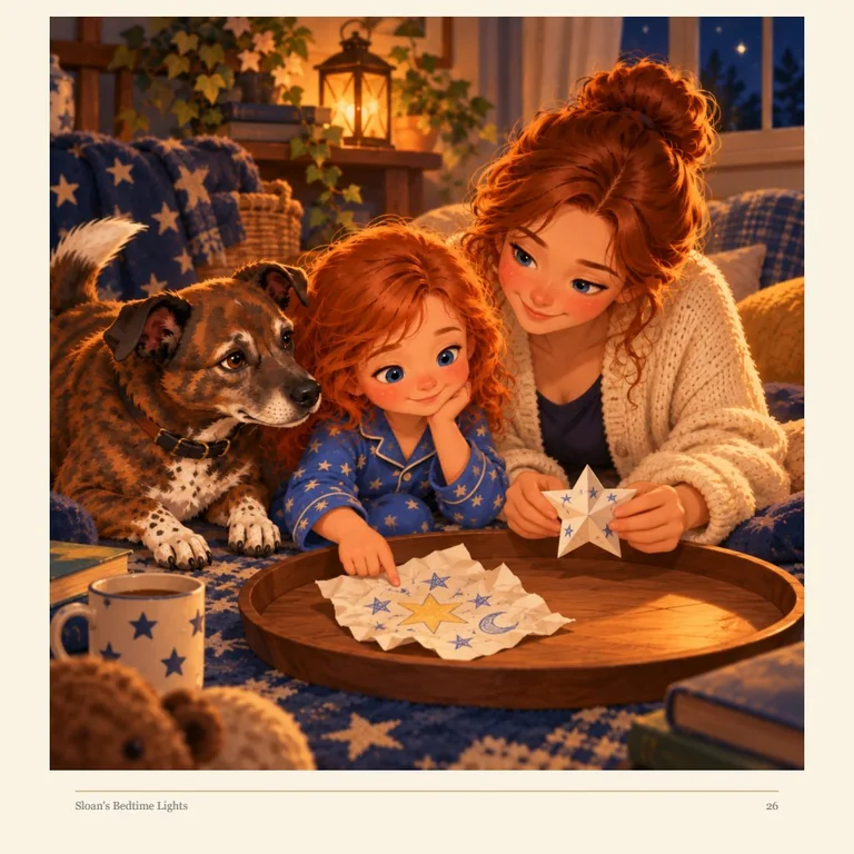 Original illustration of the girl and Mom sharing a paper-airplane observation, with brindle Cali nearby.